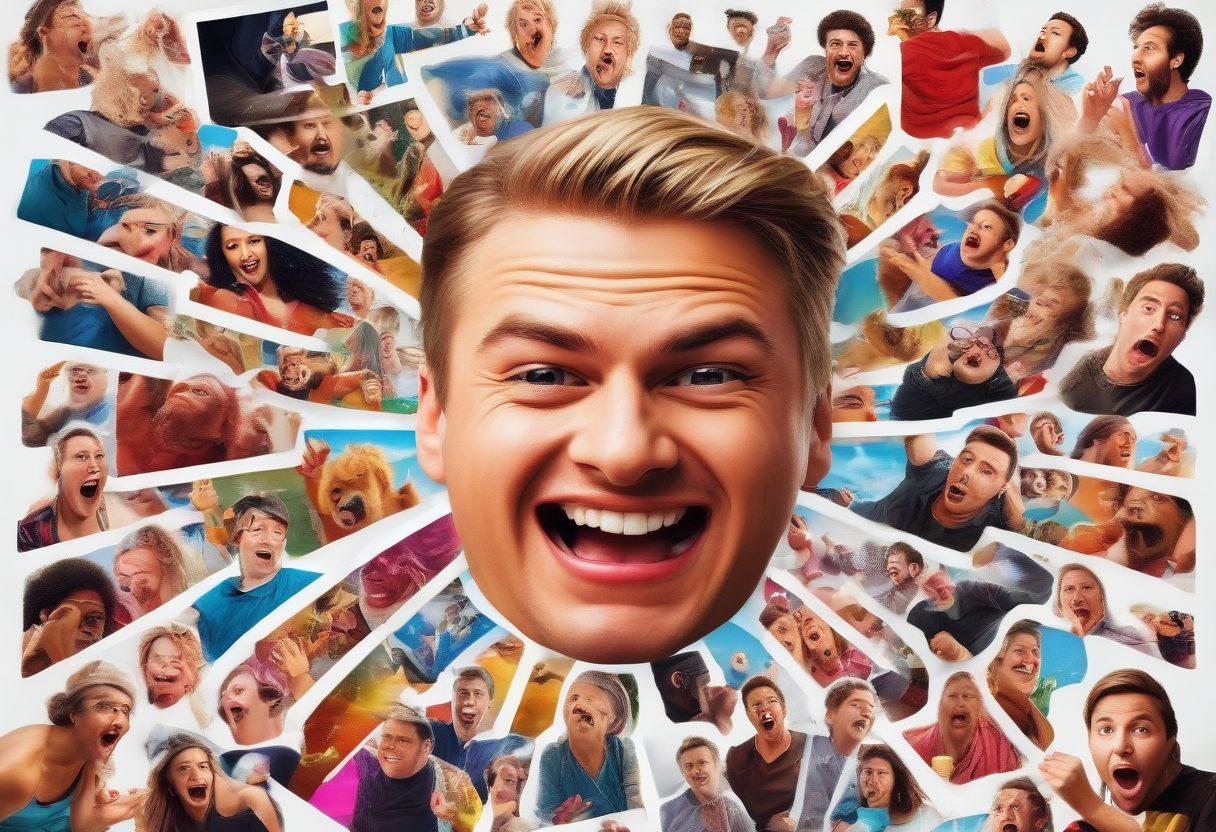 A vibrant collage of hilarious moments featuring viral pranksters in action, people laughing uncontrollably, iconic YouTube thumbnails, and meme-inspired elements. The overall feel should be energetic and joyful, highlighting the fun and chaos of viral humor. super-realistic. vibrant colors. white background.