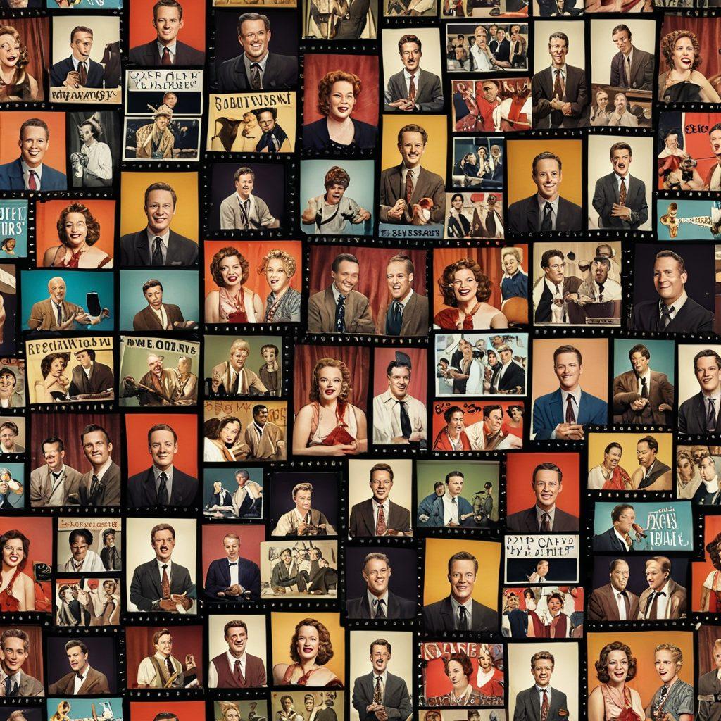 A lively collage featuring classic prank TV skits with exaggerated reactions, stand-up comedians on stage with microphones, a crowd doubling over in laughter, and a backdrop of vibrant stage lights. Include a reel of vintage film strips weaving through the collage for a touch of nostalgia. super-realistic. vibrant colors.